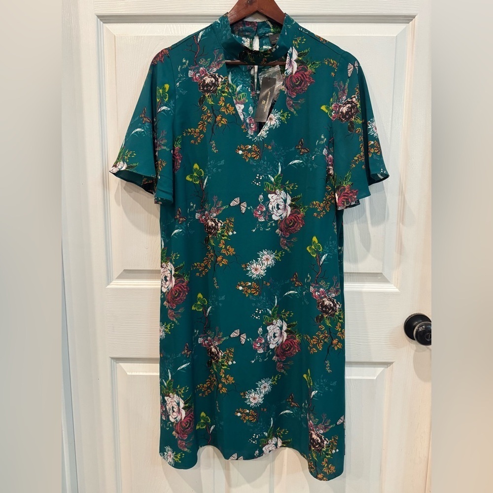 NWT Worthington Dress Emerald Green Floral A-Line Shift Dress w Pockets Size 14